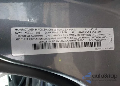 2011 Volkswagen Jetta 2.5L Se из США, поврежденный, VIN 3VWDZ7AJ1BM372080